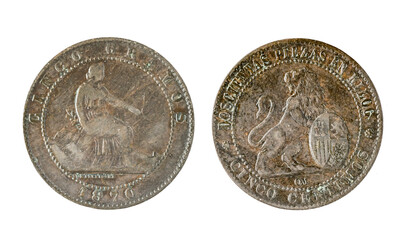 Spanish coins - 5 cents, Provisional Government. Minted in copper from the year 1870