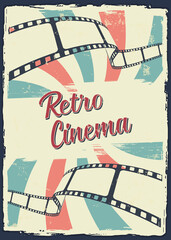 Movie cinema festival poster and text on old paper textured. Vintage movie poster with 3D isometric film strips in perspective. Cinema background. Design template for movie banner, advertising, flyer.