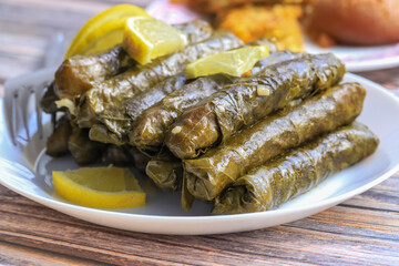 Delicious dolma (sarma) stuffed grape leaves rice, white yogurt sauce. Lebanese dolma sarma on plate. Lebanon turkish greek middle eastern cuisine. (Turkish name; Yaprak sarma)