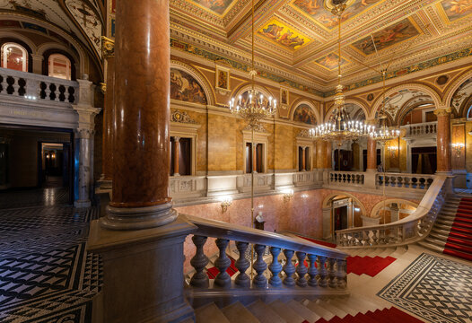 BUDAPEST, HUNGARY- April 12. 2022: Interior of the newly renovated Hungarian Royal State Opera House in Budapest.