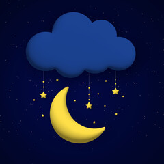 Fototapeta na wymiar Cute 3d cloud, moon and stars on night sky background. Square composition.