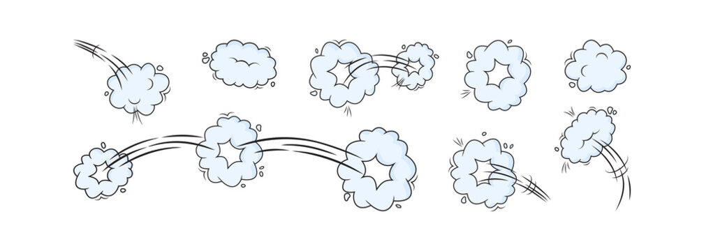 Speed vector blue clouds. Catroon motion puff effect explosion bubbles, jumps with smoke or dust. Fun illustration