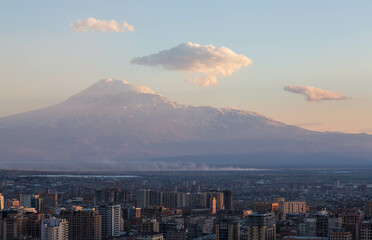 Mount Ararat and Yerevan viewed from Cascade at sunset, Yerevan, Armenia, Middle East, Asia