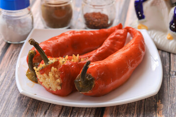 Traditional Turkish food; Stuffed Red Pepper (Turkish name; stuffed pepper)