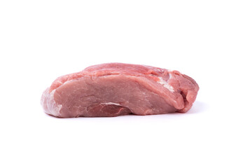 Side view of raw pork meat on white background.