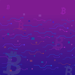 Blue and pink bitcoin sign under circuit technology concept on violet and blue background. Square particle and line digital, electronic abstract.