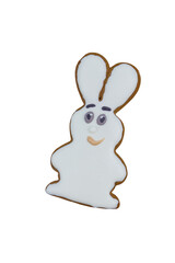 Gingerbread cookie in shape of bunny isolated on a white background