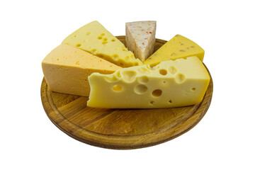Set of various types of cheese on wooden cutting board isolated on white background