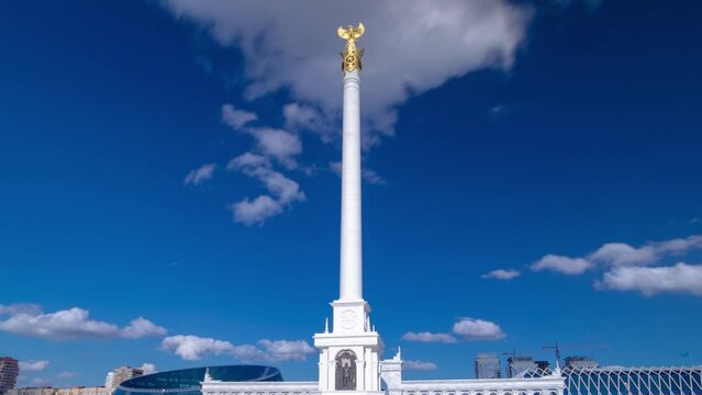 View of the Kazakh Eli Monument timelapse hyperlapse on Independence Square in Astana, the capital of Kazakhstan.