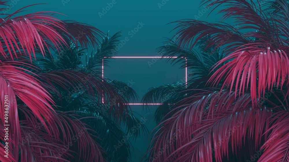 Wall mural retrowave glowing rectangle frame appears in the tropical palm tree zoom in