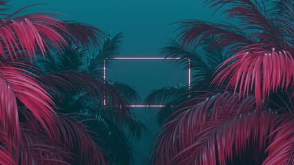 Retrowave glowing rectangle frame appears in the tropical palm tree zoom in