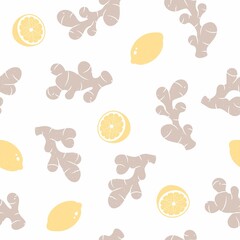 Ginger roots with lemon seamless pattern. Vector background from ingredients for warming tea. Whole ginger roots with lemon. Grunge texture, vintage, retro style
