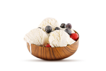 Vanilla ice cream with bowl on white background