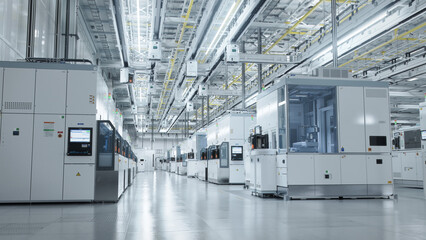Inside Bright Advanced Semiconductor Production Fab Cleanroom with Working Overhead Wafer Transfer...