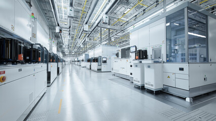 Wide Shot of Bright Advanced Semiconductor Production Fab Cleanroom with Working Overhead Wafer...