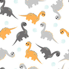 Little cute dinosaurs on a white background. Seamless pattern in cartoon children style. Background, wallpaper, textile, fabric with cute funny cartoons dino