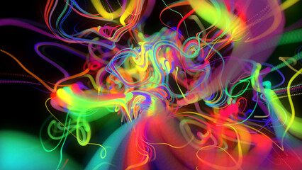 3d render. Abstract background with glow multicolor lines or light streaks. Lights particles form in 3d space glowing beautiful curved lines with neon light. Beautiful creative bg