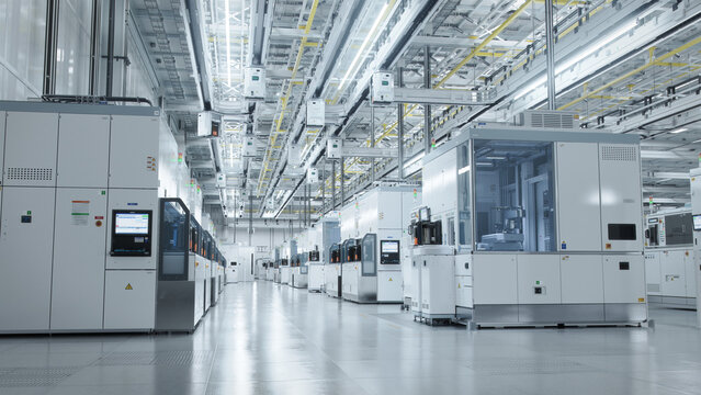 Inside Bright Advanced Semiconductor Production Fab Cleanroom with Working Overhead Wafer Transfer System 