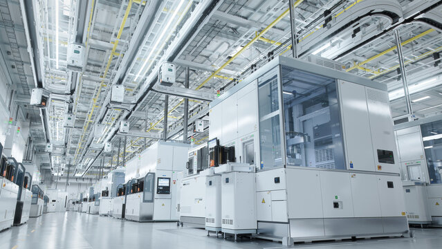 Wide shot of Bright Advanced Semiconductor Production Fab Cleanroom with Working Overhead Wafer Transfer System 