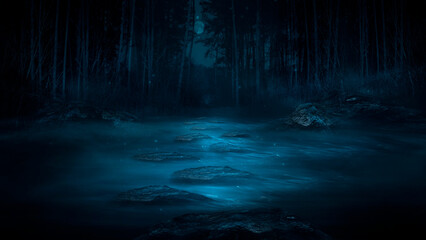 Dark fantasy forest. River in the forest with stones on the shore. Moonlight, night forest landscape. Tym, smog, fog. Bridge over river. Fantasy landscape. © MiaStendal
