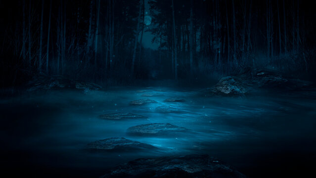 Dark fantasy forest. River in the forest with stones on the shore. Moonlight, night forest landscape. Tym, smog, fog. Bridge over river. Fantasy landscape.
