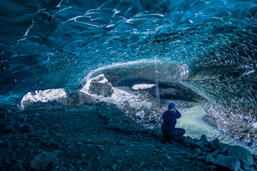 Spectacular blue ice formations inside an ice cave under the Vatnajökull glacier, Iceland