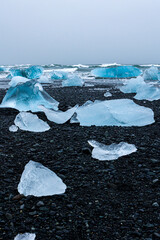Beautiful blue icebergs washed up on a volcanic black sand beach (Diamond Beach, Iceland)