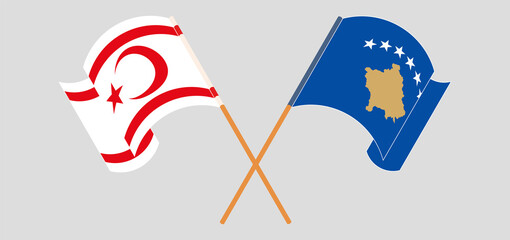 Crossed and waving flags of Northern Cyprus and Kosovo
