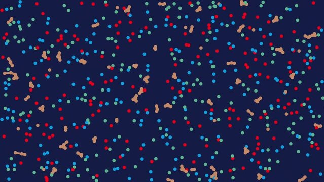 The circles reflecting off each other move chaotically. Pointillism style. Background with chaotic dots, points, circle. Chaotic movement of points.
