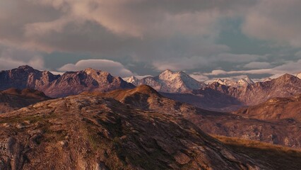 Naklejka na ściany i meble Mountainous highlands landscape against a sunset sky, 3D Illustration, 3D Rendering