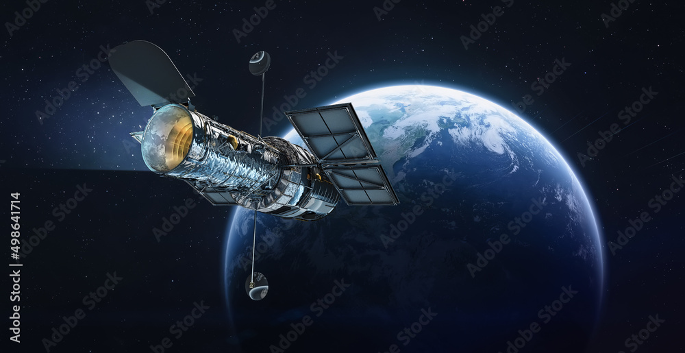 Poster Telescope Hubble on orbit of Earth planet. Space observatory. Stars and galaxies science research. Elements of this image furnished by NASA
