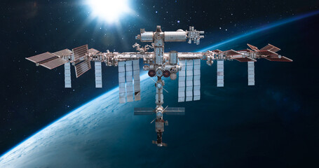 International space station in outer space. ISS on orbit of Earth planet. Space sci-fi collage with...
