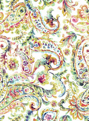Seamless hand painted watercolour 
 Multicolor paisley pattern