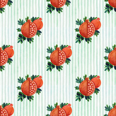 Seamless Hand-painted Tropical Pomegranate fruit pattern with pastel digital stripe