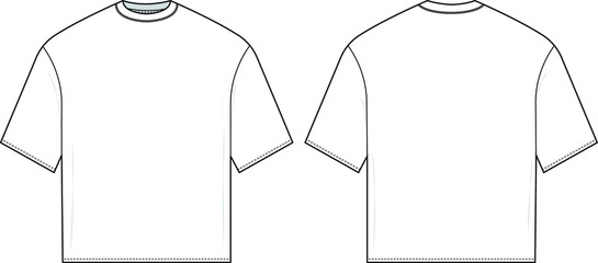 Boxy oversized fit t-shirt flat technical drawing illustration short sleeve with binding collar blank streetwear mock-up template for design and tech packs.
