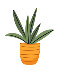 Flowerpot with leaves. Yellow vase with minimalist pattern and exotic plant. Luxury item for decorating apartment or house. Foliage and horticulture, floristry. Cartoon flat vector illustration