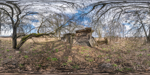 full seamless spherical hdri panorama 360 degrees angle view near abandoned wooden ruined barn in...