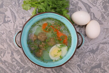 chicken soup with homemade noodles on a rich broth photo for a cafe, restaurant or on the menu