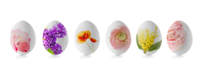 Beautiful Easter eggs with drawn flowers isolated on white