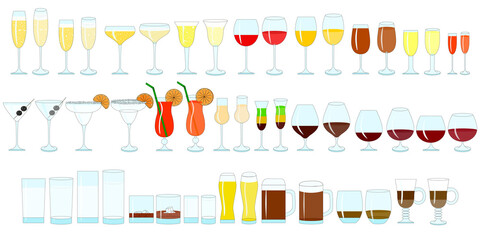 Glasses for wine color illustration, champagne, whiskey, cognac. Types of glasses for alcoholic and non-alcoholic drinks.