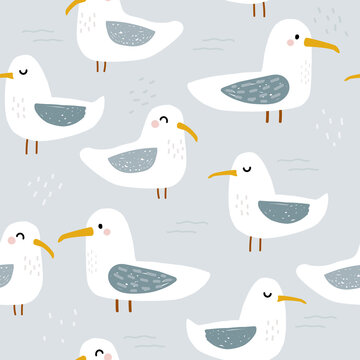 Funny seamless pattern with cartoon seagulls. Childish print. Vector hand drawn illustration.