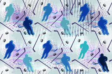 Seamless hockey texture with players. Light blue rectangular background with figures of hockey players, sticks and pucks.