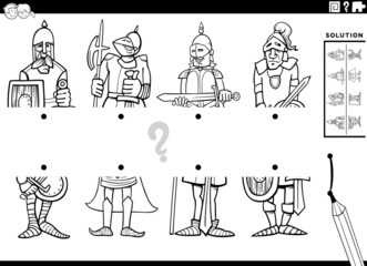 match halves of cartoon knights pictures task coloring book page