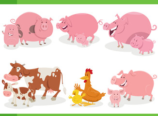 cartoon farm animal characters set with babies