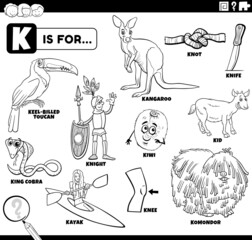letter k words educational set coloring book page