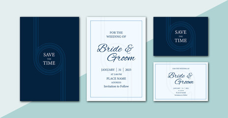 Minimalist Abstract wave line art pattern dark blue shade theme wedding invitation card template