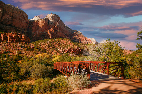 Bridge accross the Virgin River in Zion National Park during the fall season.