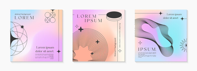 Vector mesh gradient backgrounds with wireframe geometric shapes,copy space for text.Abstract illustrations in y2k aesthetic.Pastel colors.Trendy minimalist designs for banners,social media,covers.