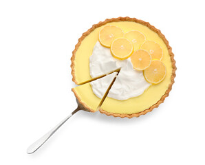 Tasty baked lemon pie on white background