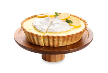 Wooden stand with tasty baked lemon pie on white background